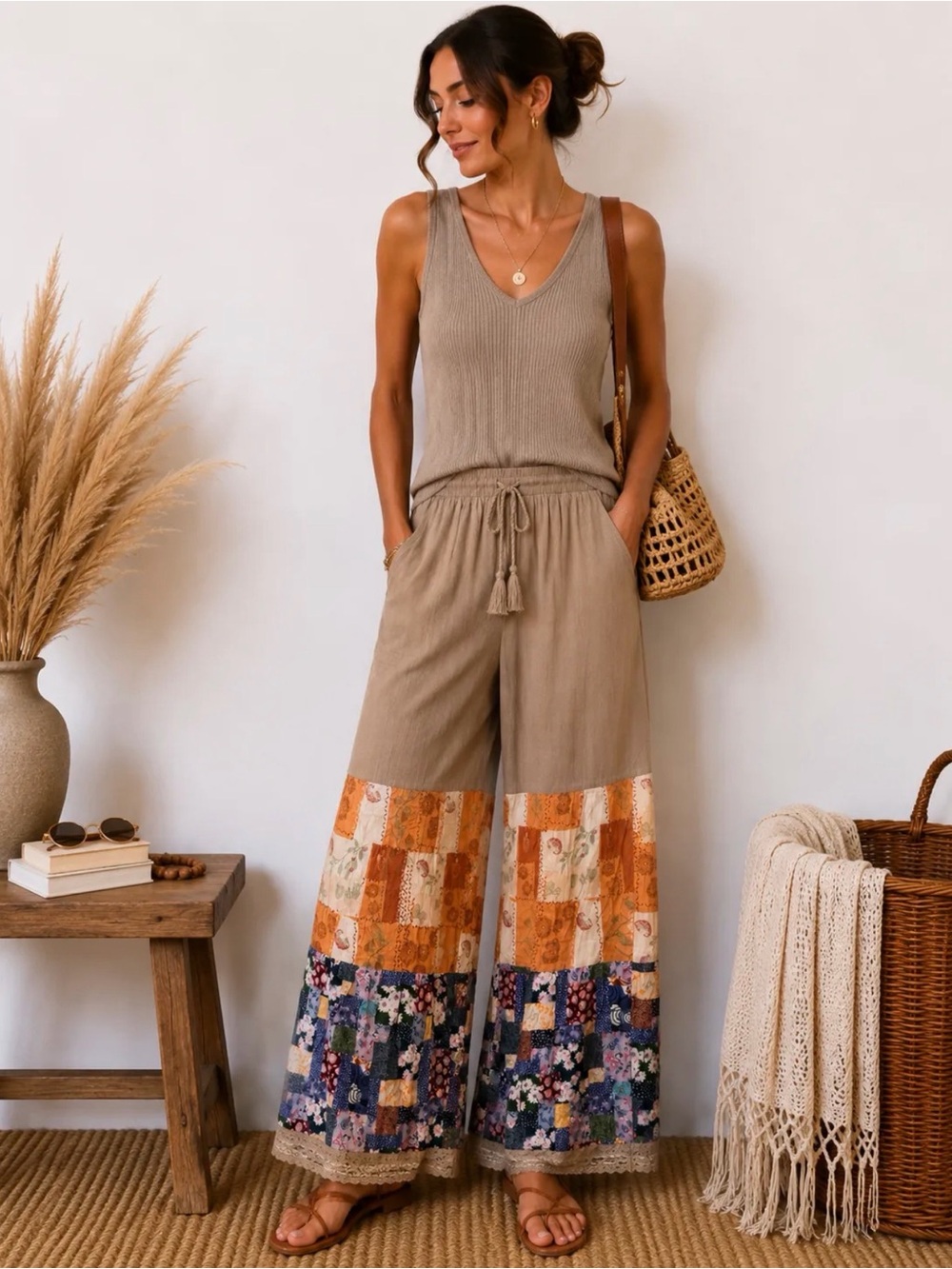 Wide-Leg Patchwork Palazzo Pants in Beige and Orange